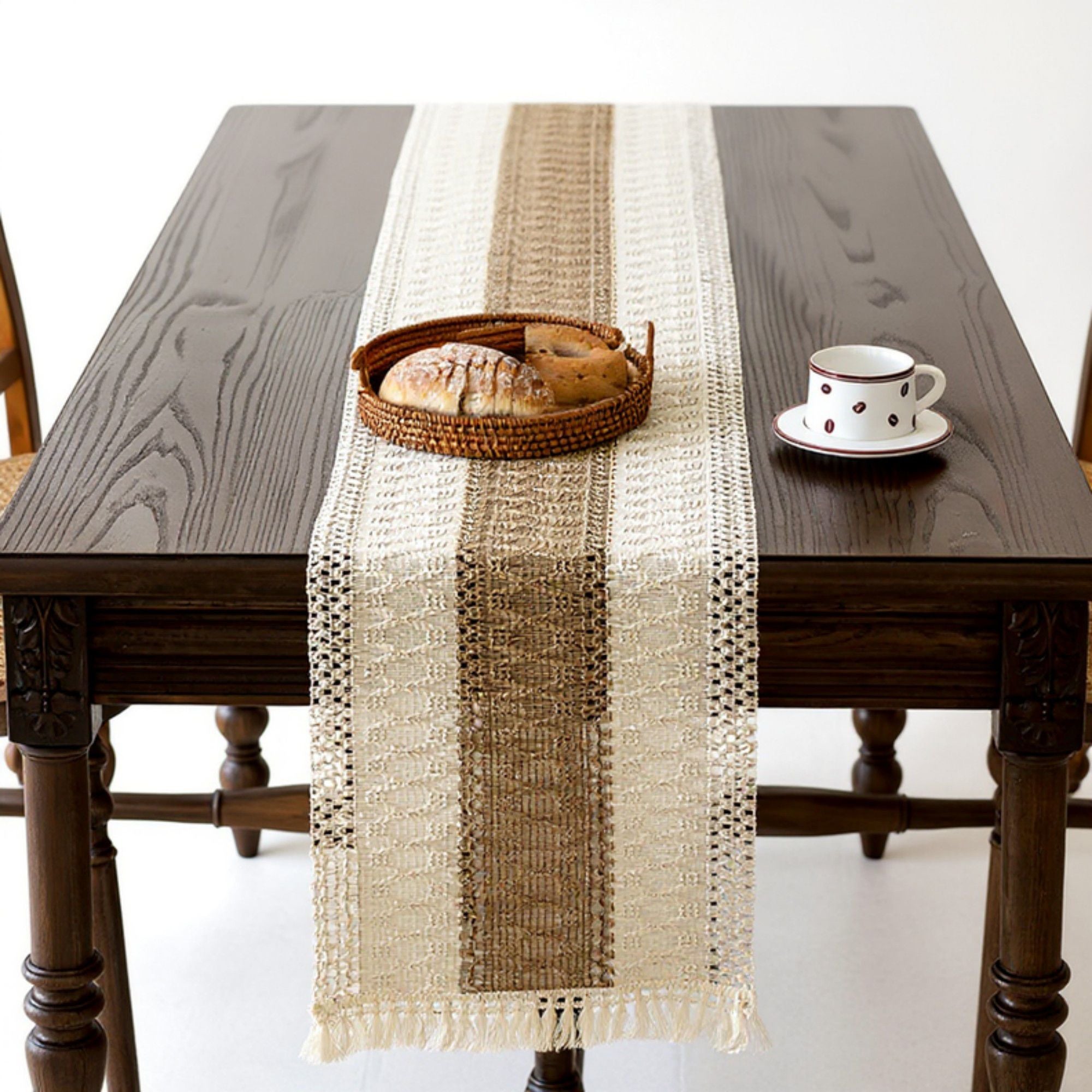 Textured Woven Table Runner with Fringe Trim and Neutral Stripe Pattern 47x11.8 in