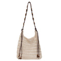Crochet Shoulder Bag with Beaded Strap Tassel Drawstring Detail Lightweight Knit Hobo Handbag