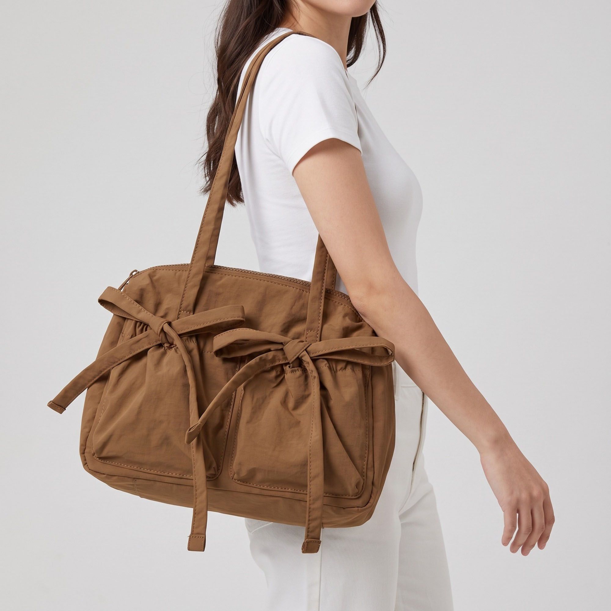 Multi-Pocket Shoulder Tote Bag with Bow-Tie Drawstrings and Top Zipper 11.5x9x5in