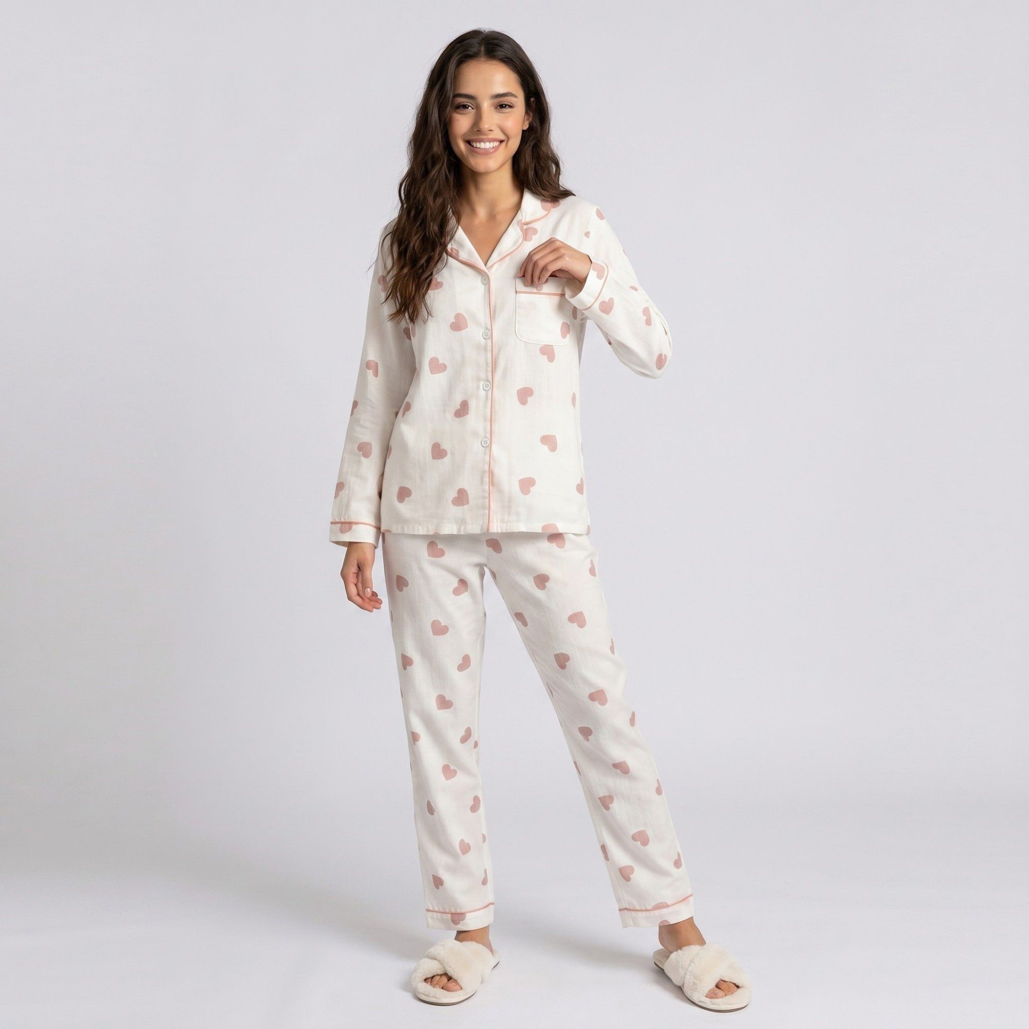 Anna-Kaci Lounge Women's 2-Piece Set Heart Print Button Front Pajama Top and Straight Leg Lounge Pants