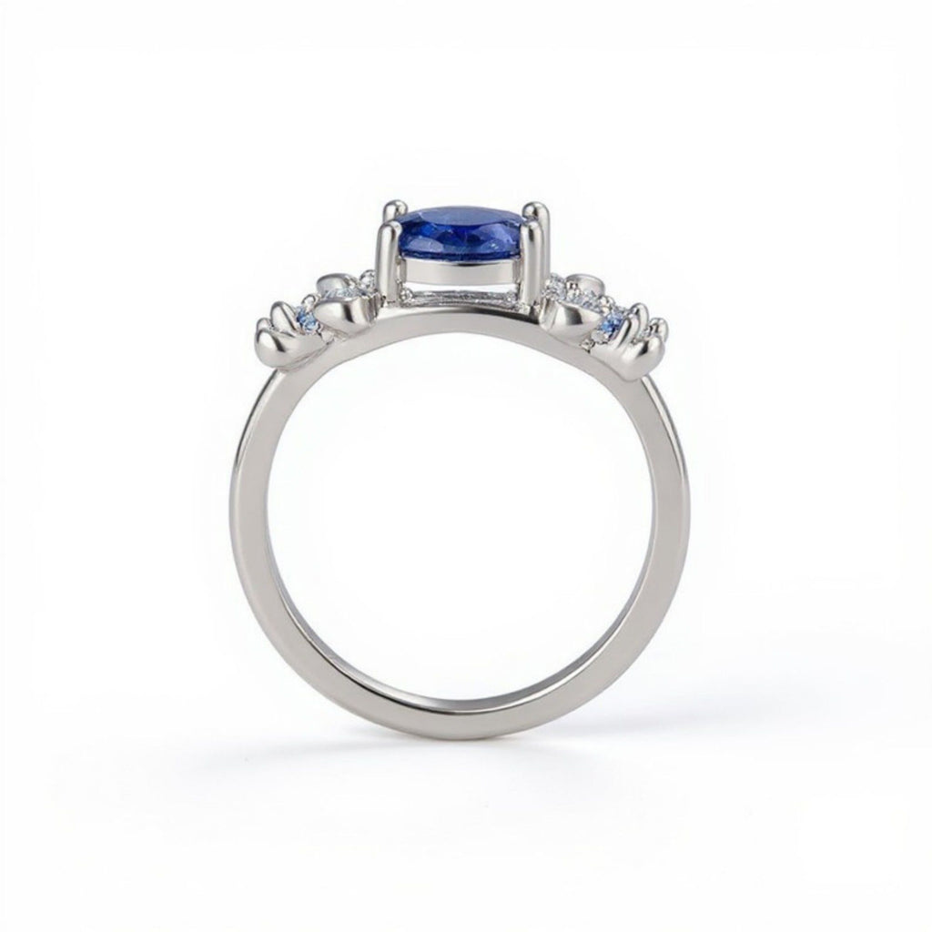 Women's Oval Gemstone Ring with Crystal Butterfly Accents and Floral Design