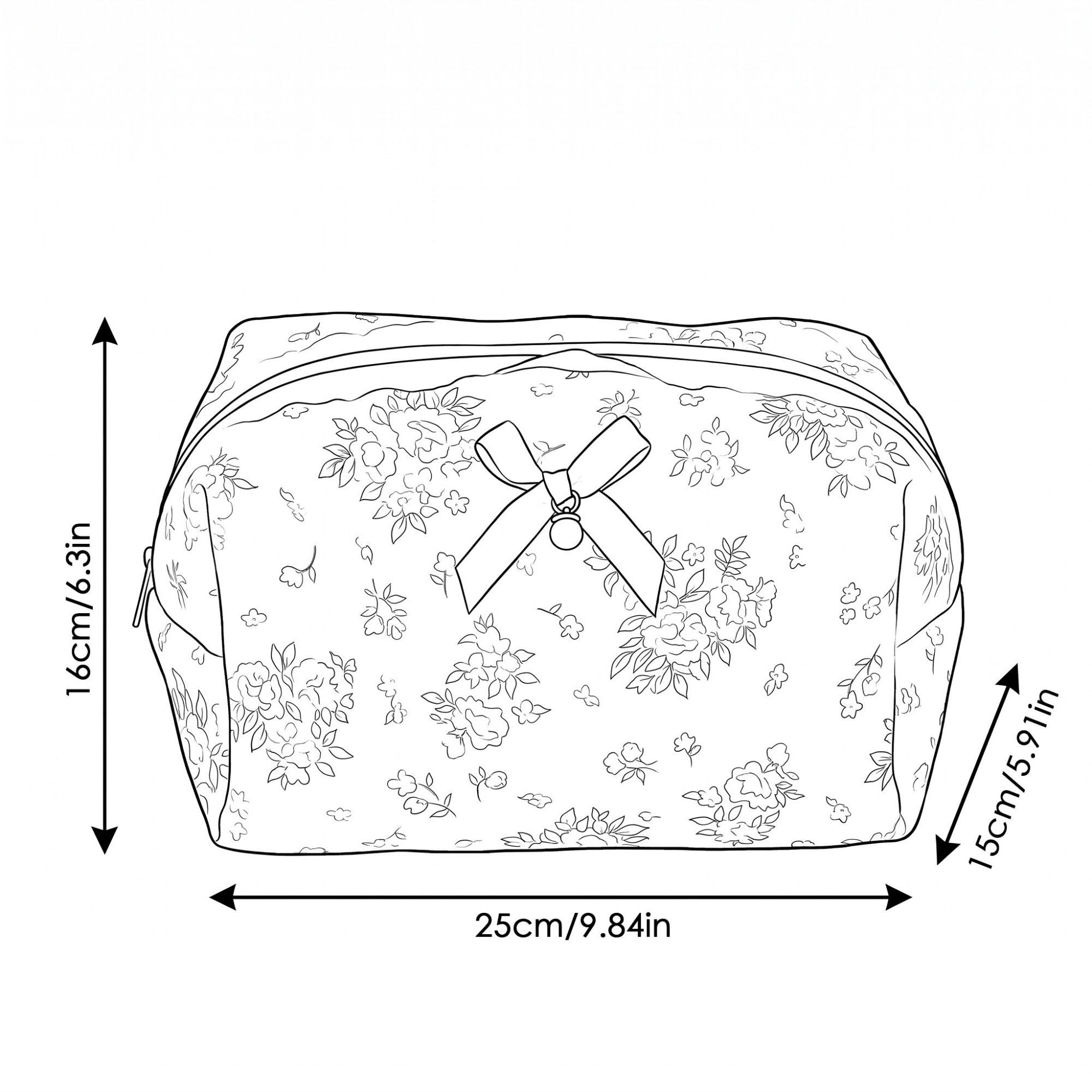 Womens Floral Makeup Bag with Bow Pearl Charm and Zipper Closure