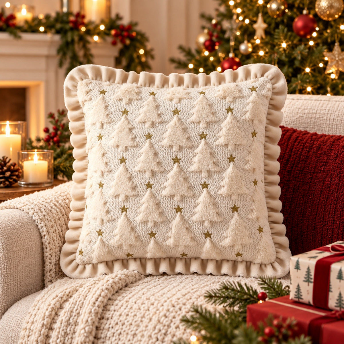 1 Piece Christmas Tree Throw Pillow Cover with Ruffle Trim Stars 18 x 18 Inch