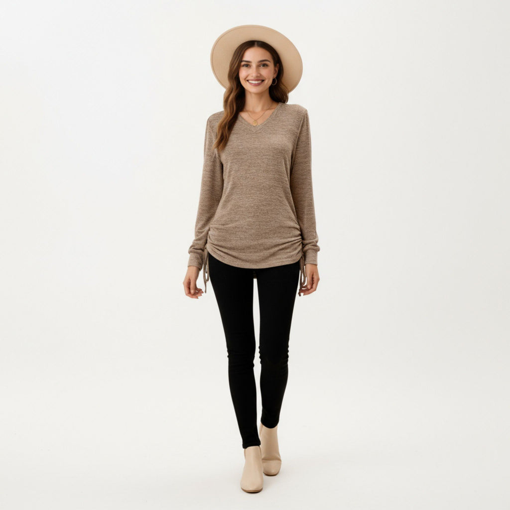 Anna-Kaci Women's Long Sleeve V-Neck Top with Side Drawstring Ruched Hem