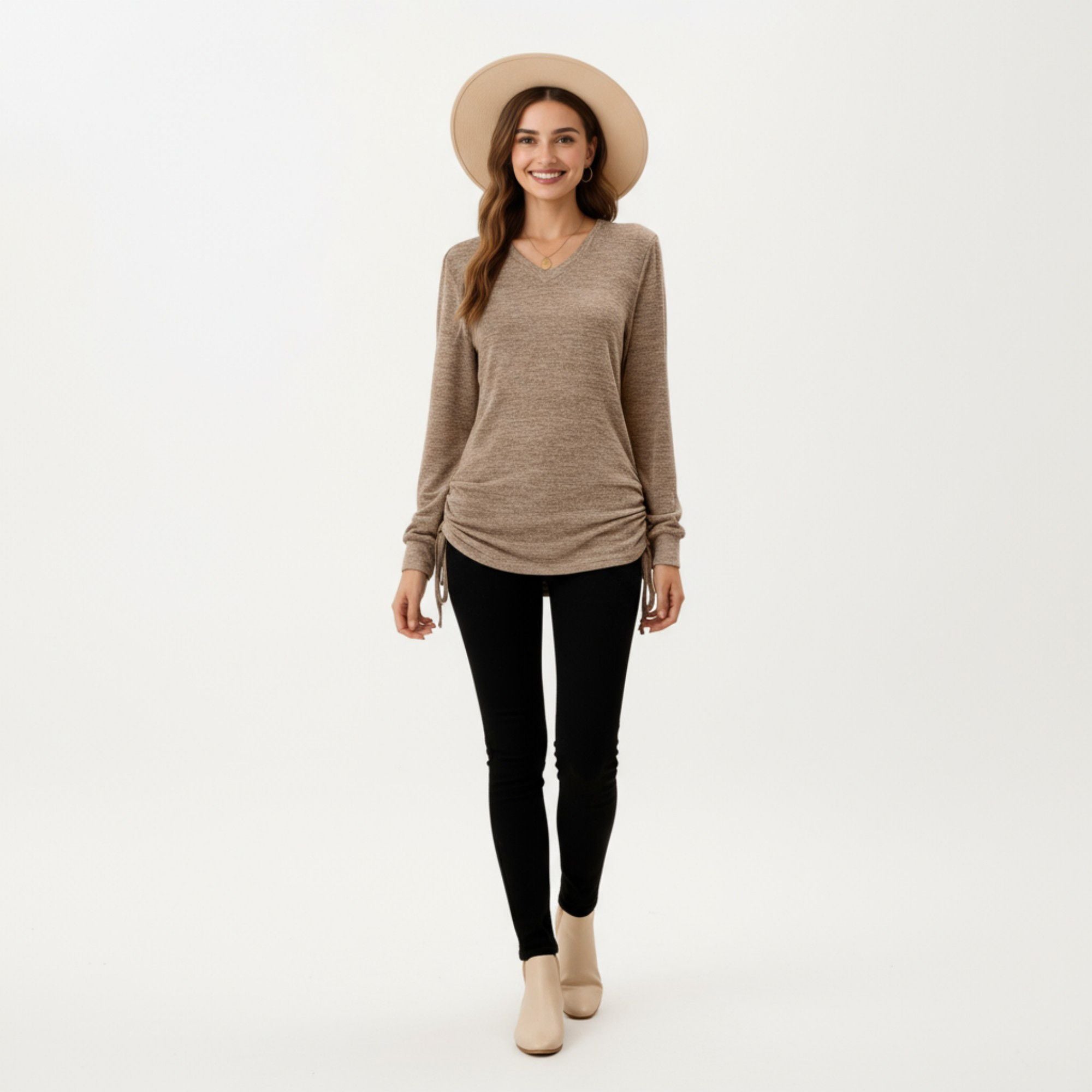 Anna-Kaci Women's Long Sleeve V-Neck Top with Side Drawstring Ruched Hem