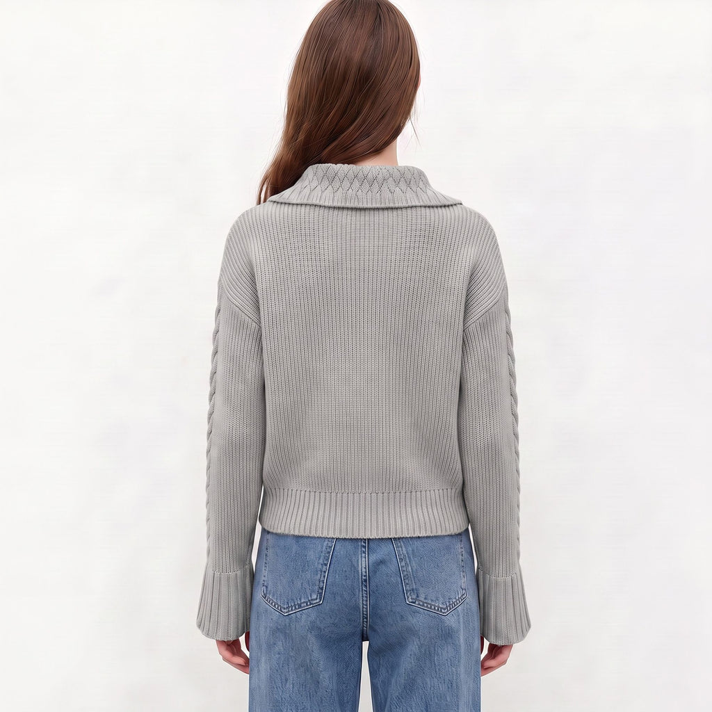 Cable Knit Collared Sweater with Flared Cuffs