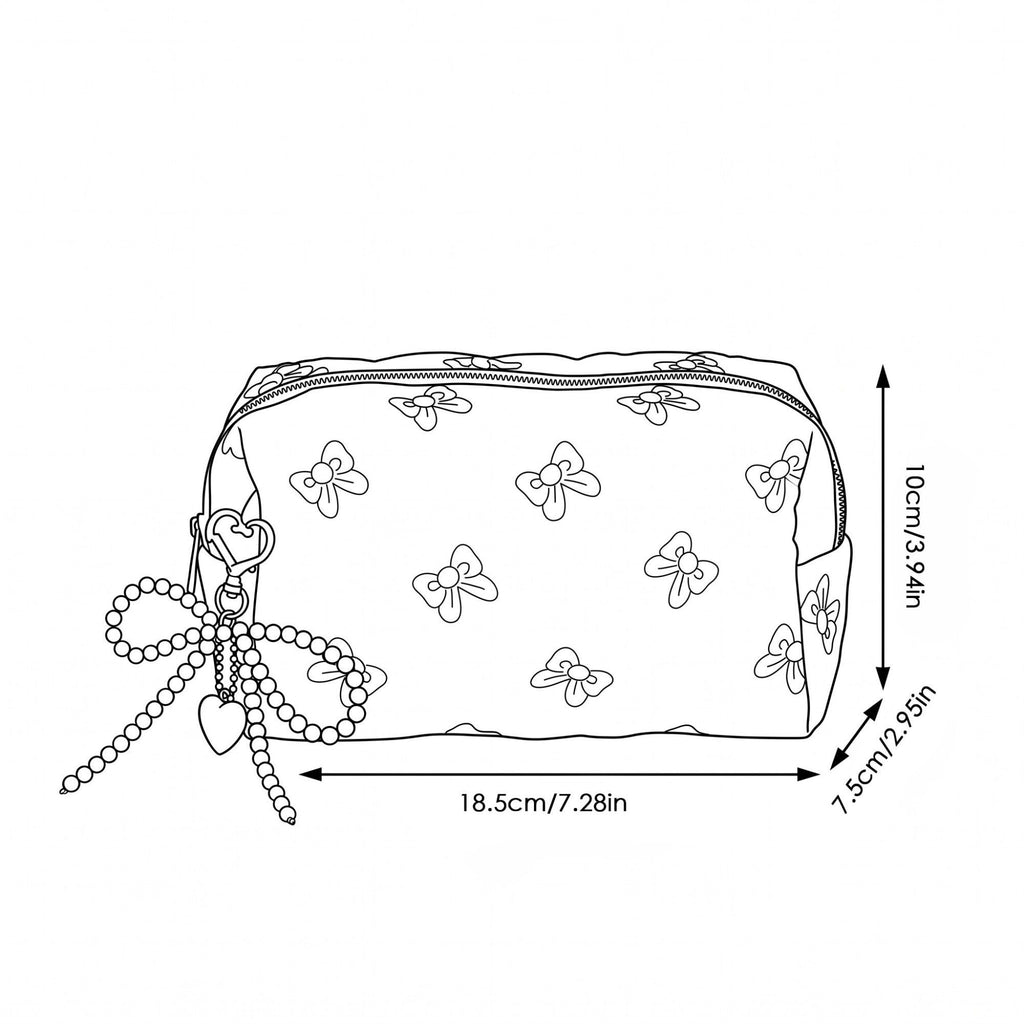 Womens Quilted Bow Makeup Bag with Pearl Charm Cosmetic Pouch