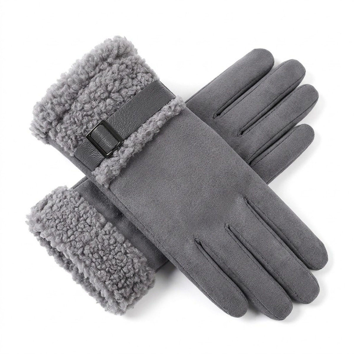 Faux Suede Gloves with Plush Faux Fur Cuffs and Buckle Detail