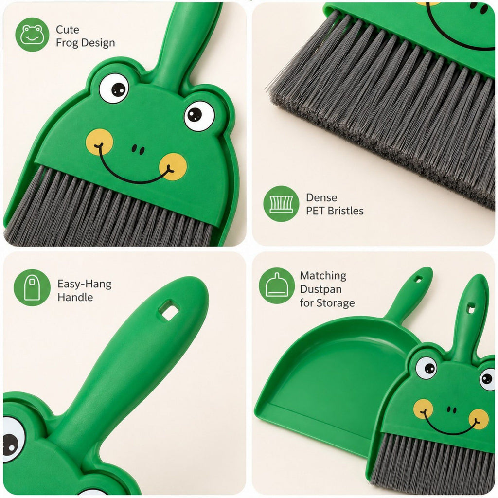 2-Piece Mini Dustpan and Brush Set with Animal Face Design for Tabletop Cleaning