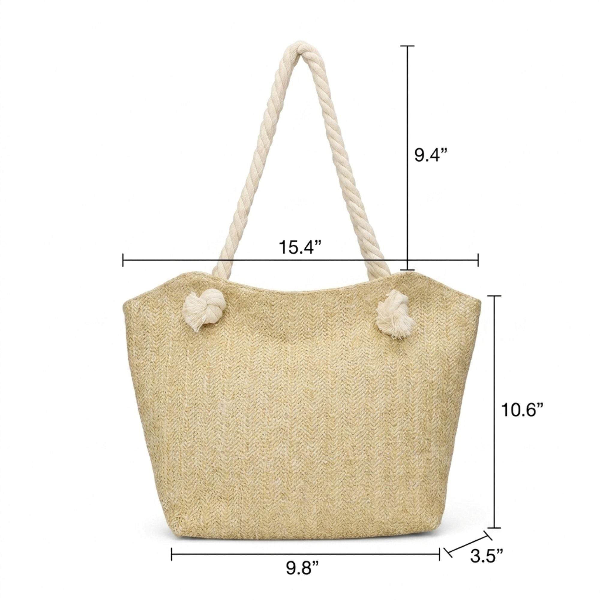 Woven Look Tote Bag with Rope Handles and Zipper Closure