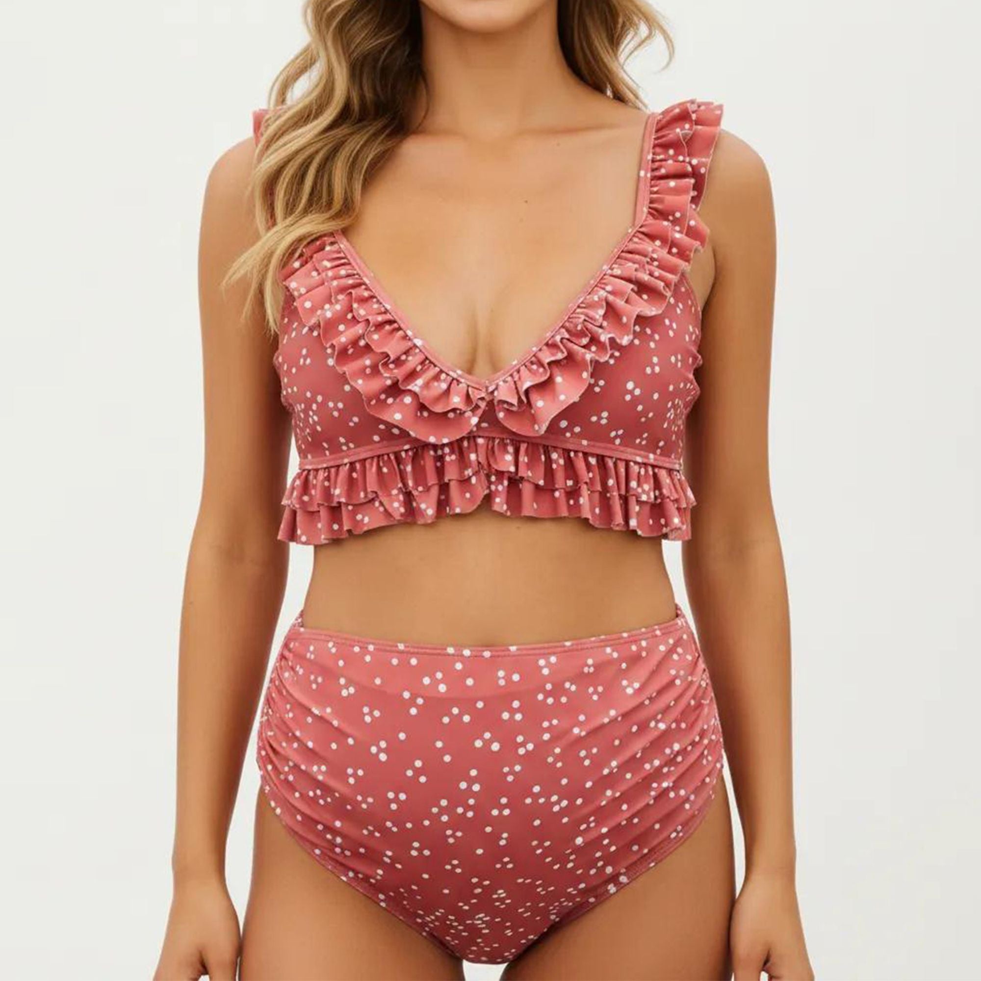 Anna-Kaci Swim Women's Ruffled Maternity Bikini Set with High-Waisted Bottoms and Polka Dot Print