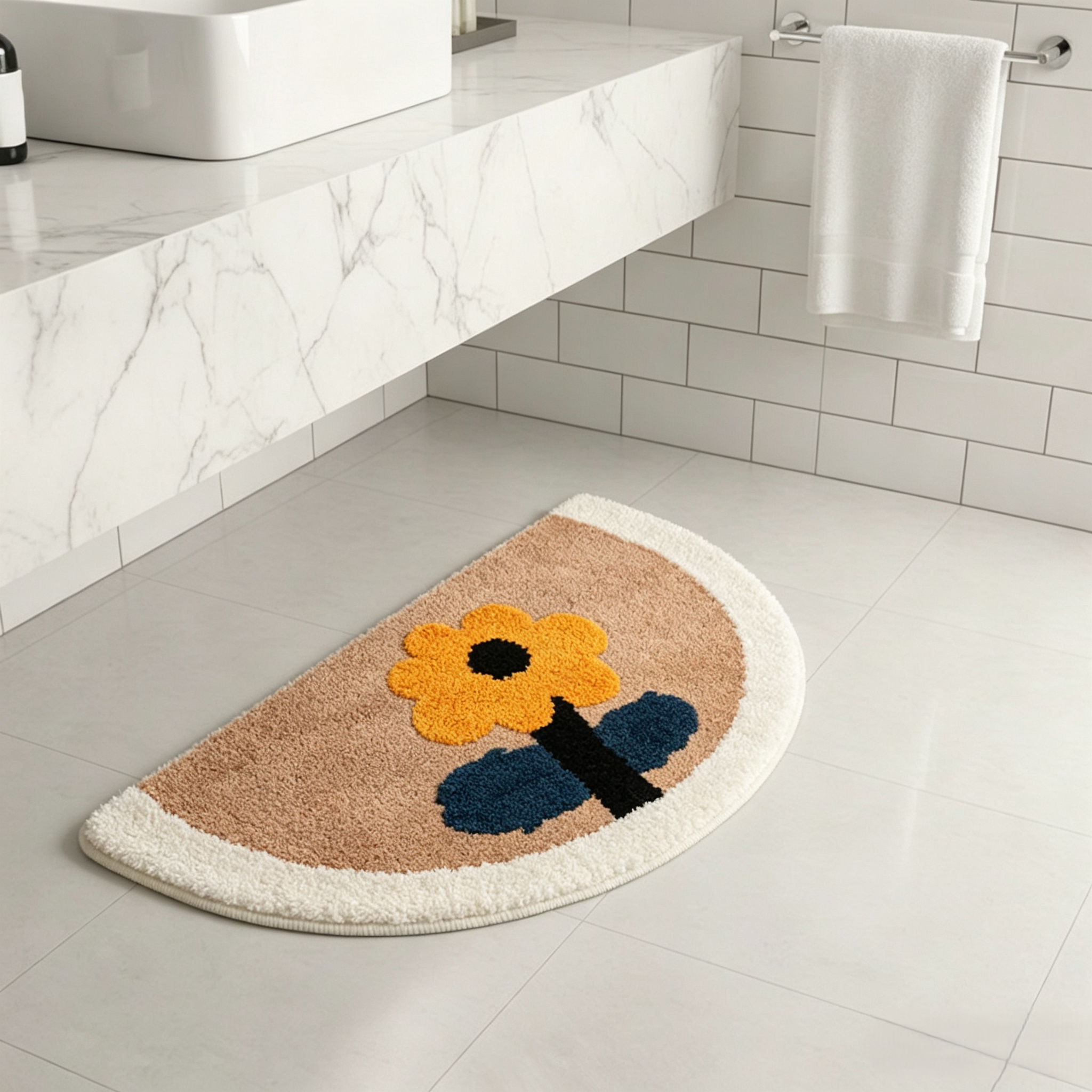 Sunflower Semicircular Bathroom Floor Mat Soft Water?Absorbent Rug with Anti?Slip Base
