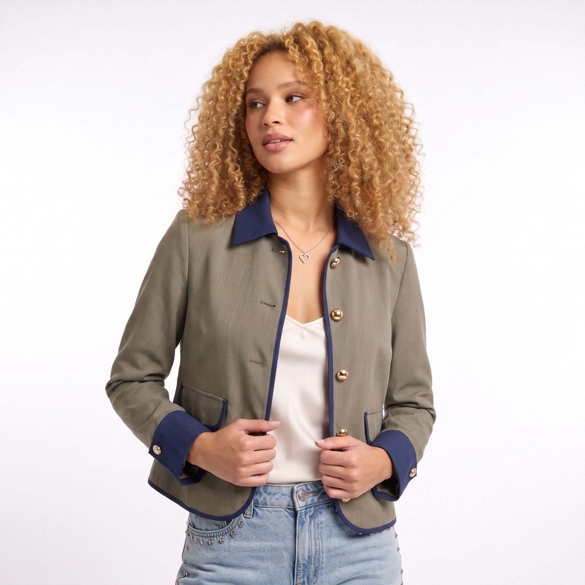 Contrast Trim Button Front Collared Jacket