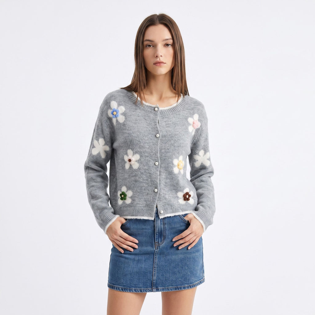 3D Floral Pearl Button Fuzzy Knit Cardigan Sweater