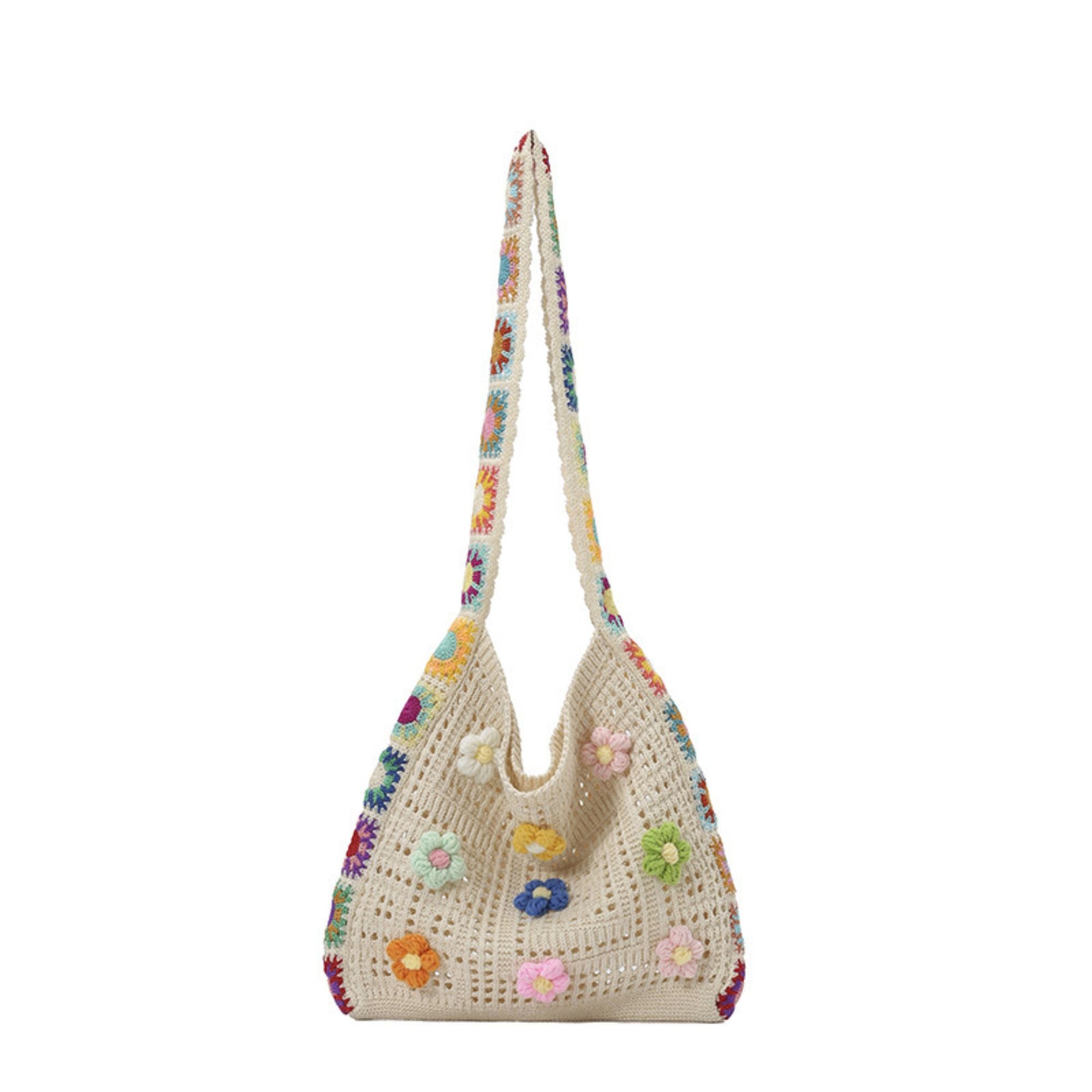 Crochet Shoulder Bag with Flower Applique and Wide Strap