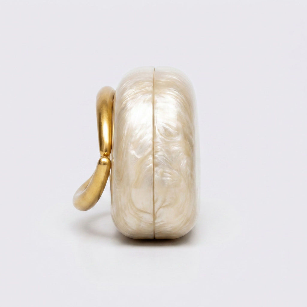 Marbled Acrylic Clutch Bag with Sculptural Gold Tone Handle Statement Evening Handbag 7.5x4x2.7 in