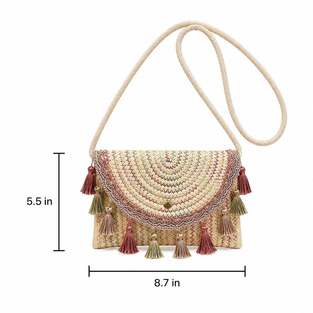 Boho Woven Fabric Crossbody Bag with Tassel Trim and Magnetic Closure