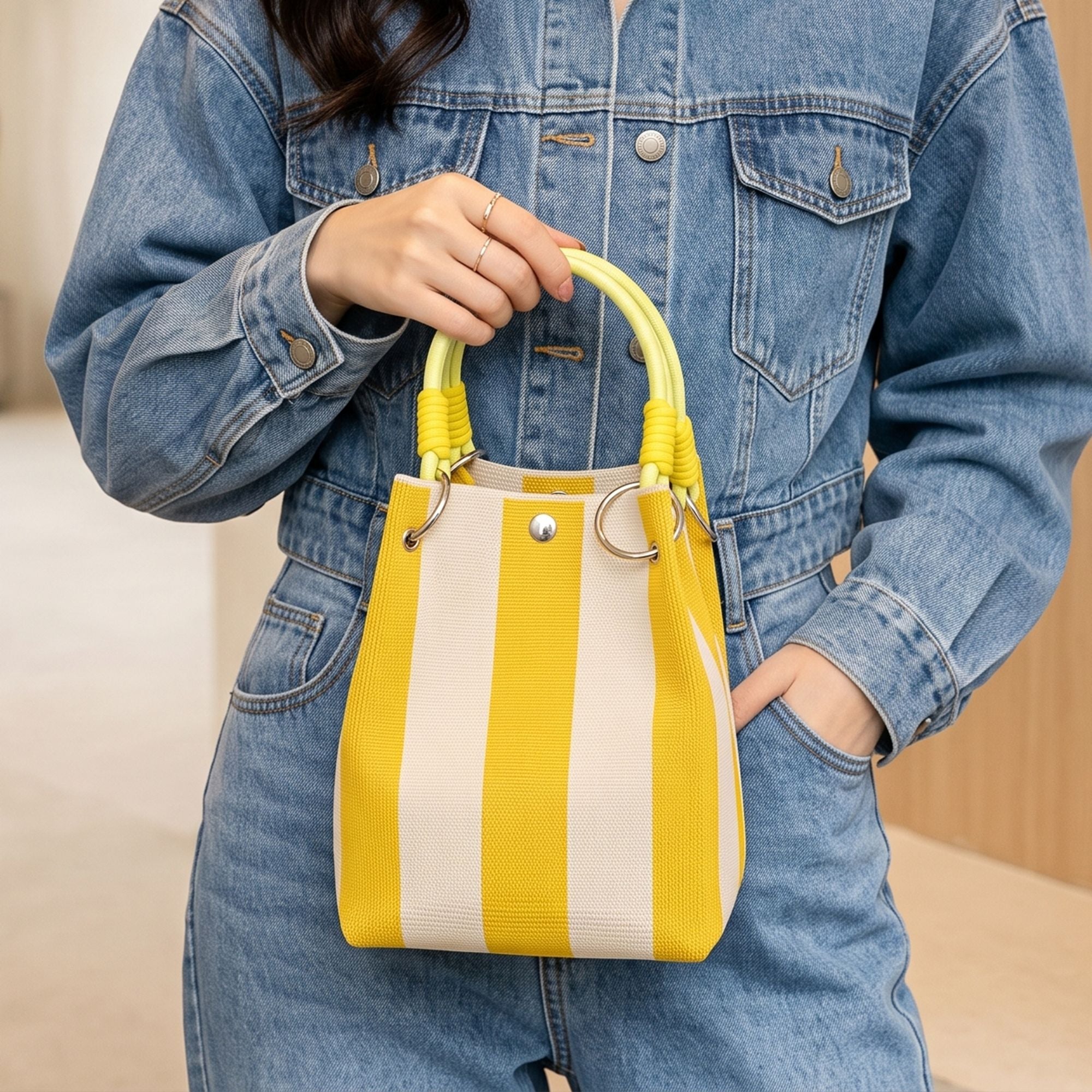 Small Striped Knit Bucket Bag with Rope Handles and Snap Closure