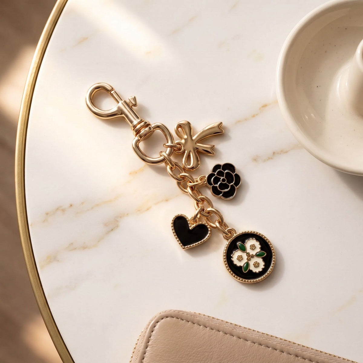 Floral Heart Bag Charm Keychain with Bow and Flower Pendants