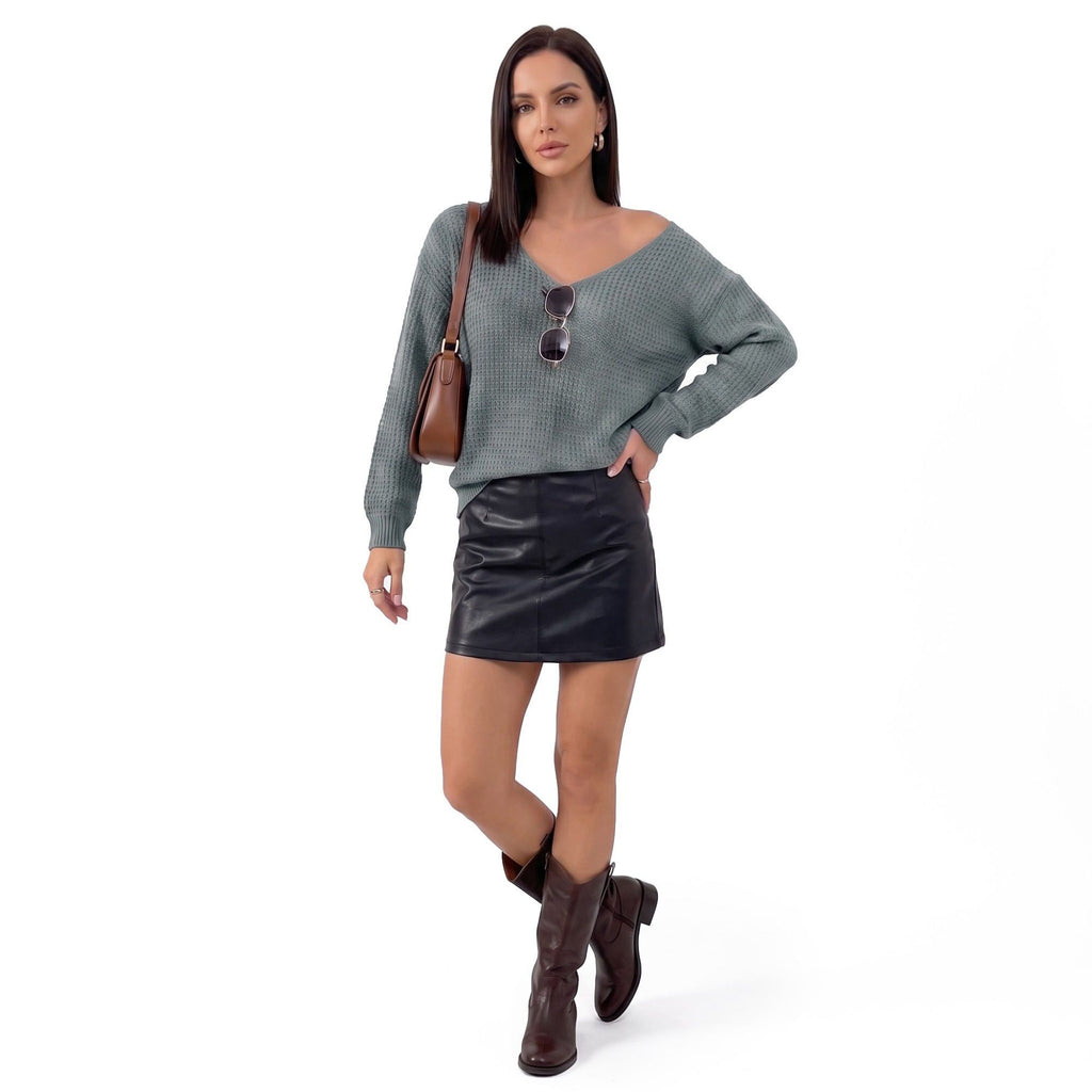 V-Neck Open-Back Tie Long Sleeve Knit Sweater