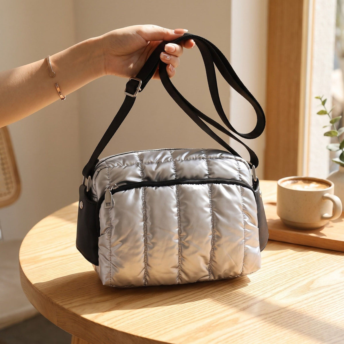 Quilted Crossbody Bag Adjustable Strap Front Zip Pocket Shoulder Bag