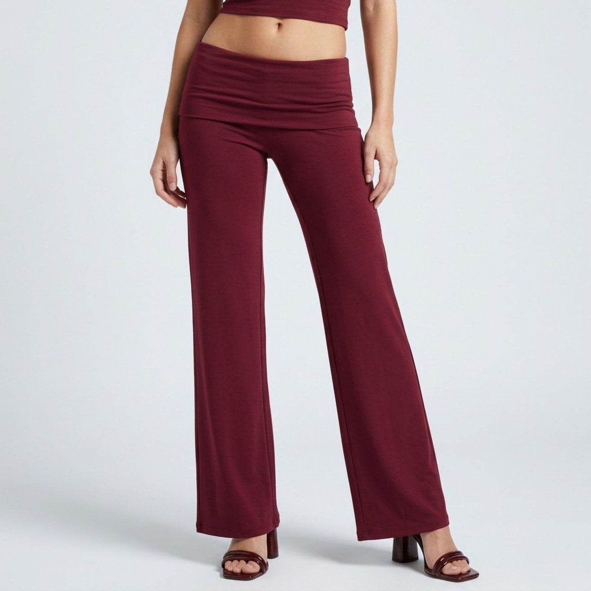Foldover Waistband Full-Length Wide-Leg Trousers