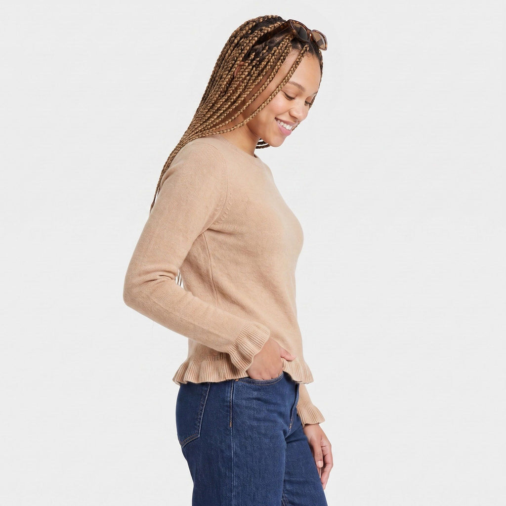 Ruffle Hem Crew Neck Long Sleeve Knit Sweater