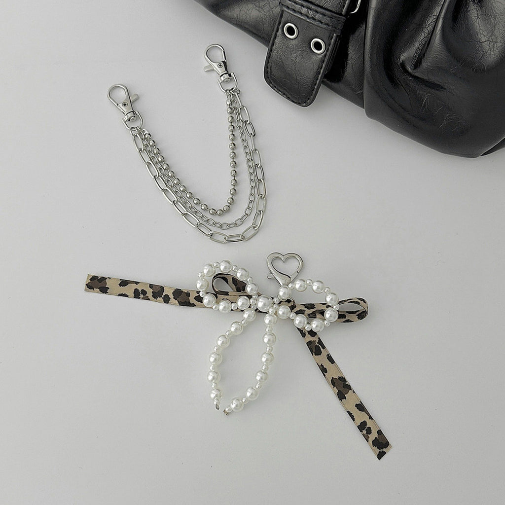 Pearl Bow Chain Bag Charm with Leopard Ribbon Layered Silver Tone Clips for Bags and Jeans