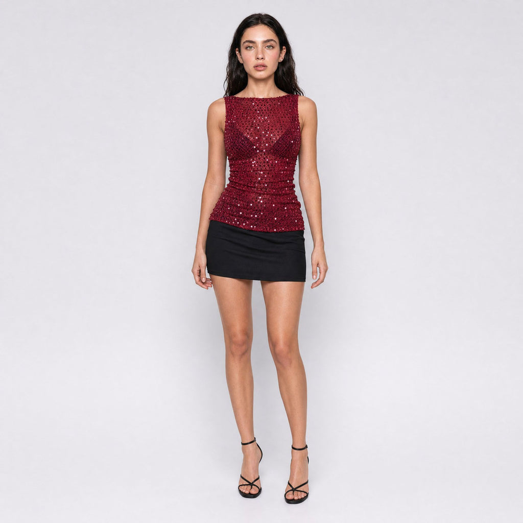 Sequin Sheer Mesh Sleeveless Fitted Top
