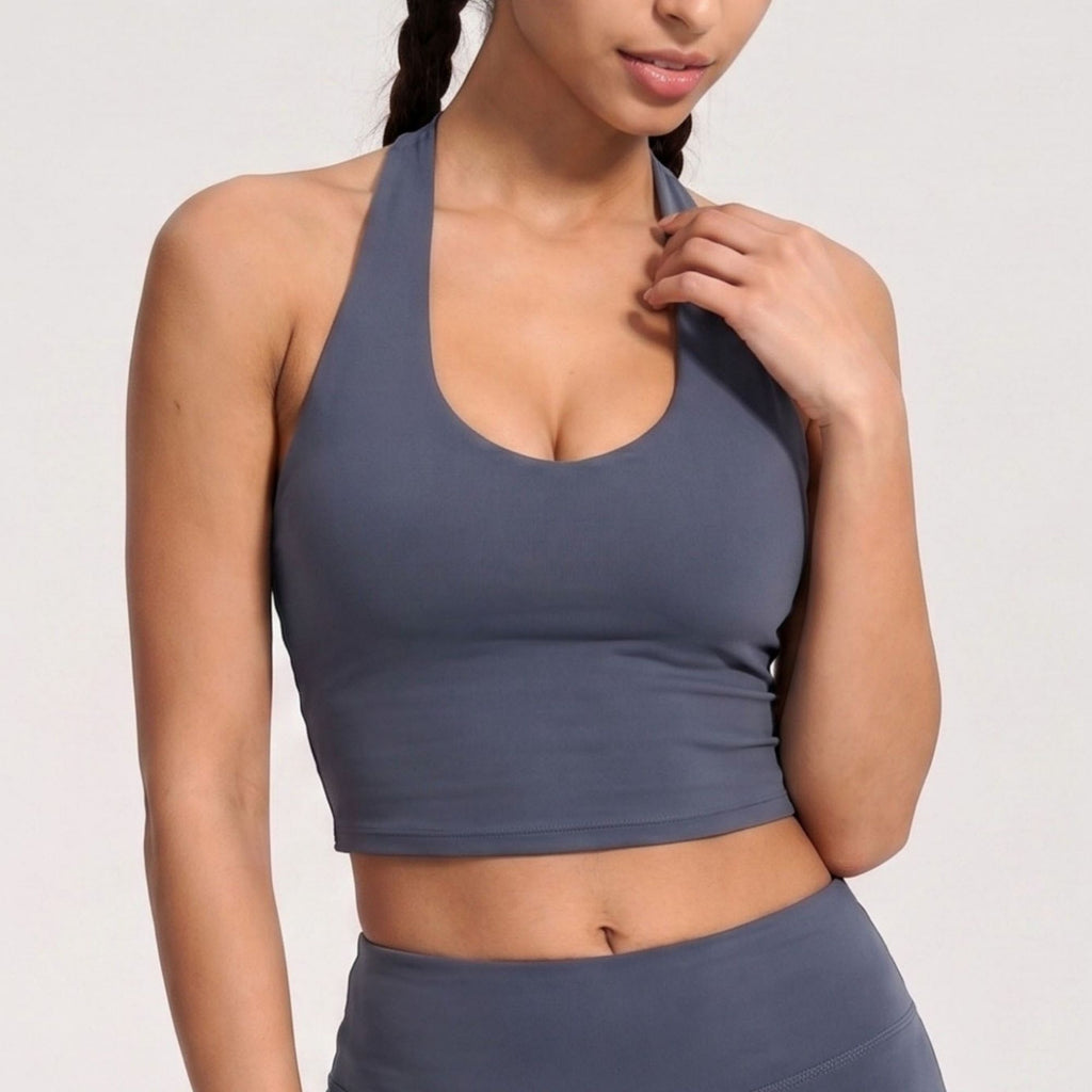 Padded Halter Longline Sports Bra Tank Top Scoop Neck Workout Yoga Crop Top