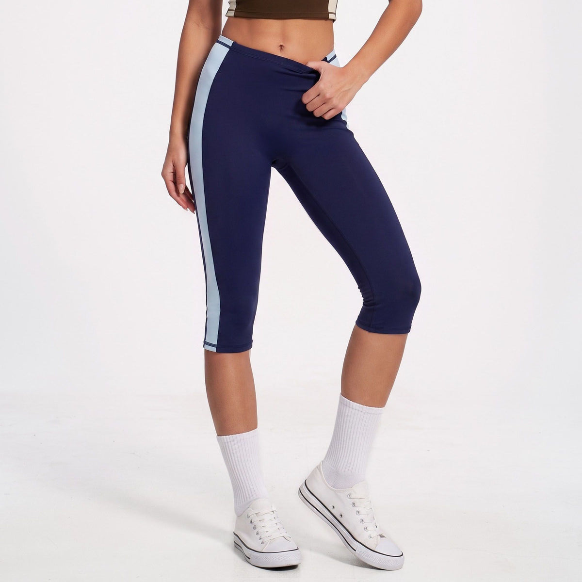 Colorblock High Waist Capri Leggings Fitted Cropped Yoga Pants for Running Gym Training