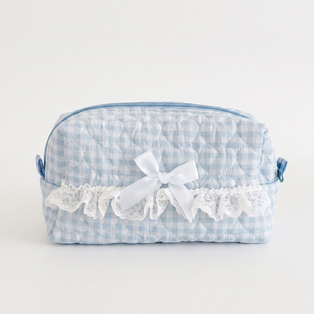 Womens Gingham Quilted Cosmetic Bag with Lace Bow Detail