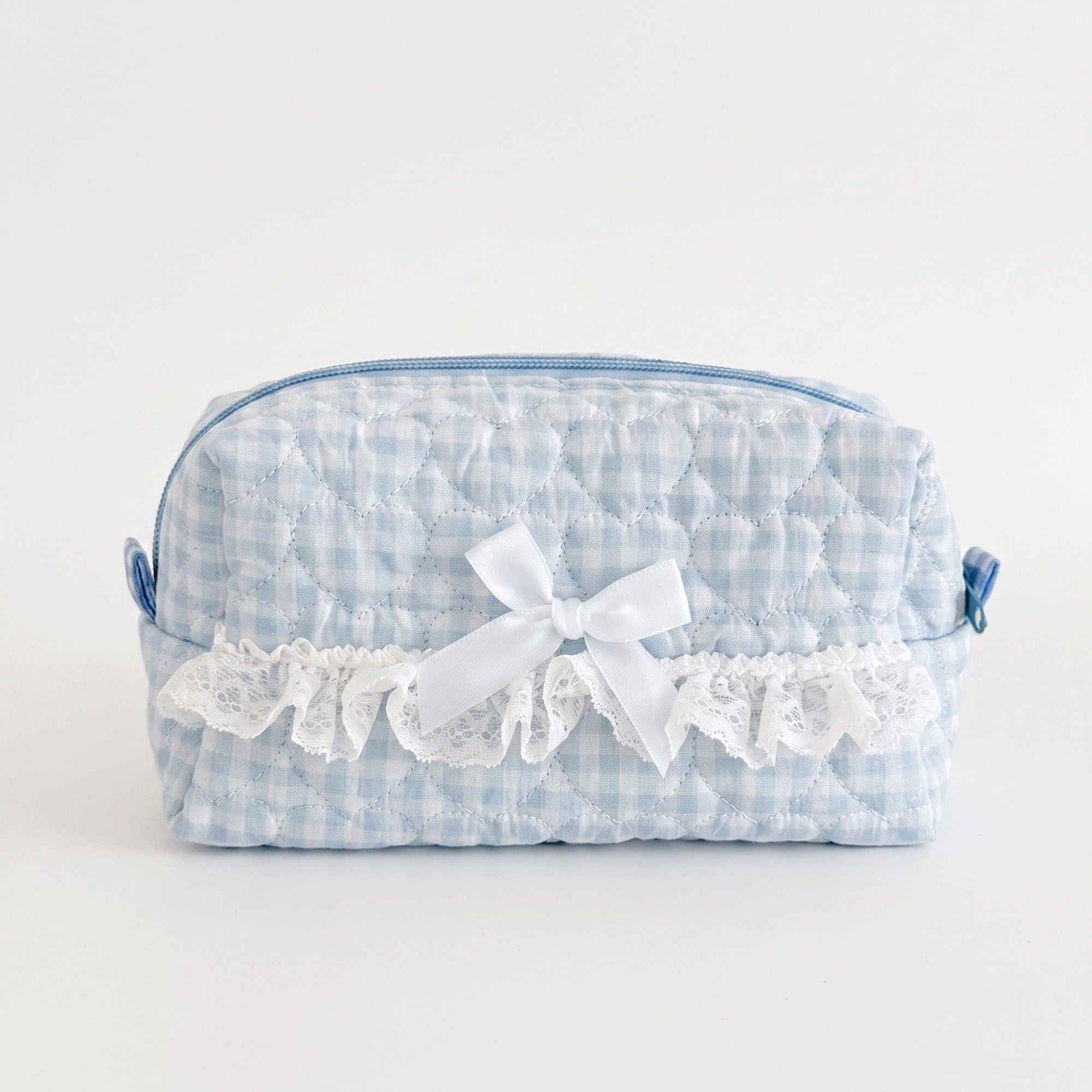 Womens Gingham Quilted Cosmetic Bag with Lace Bow Detail