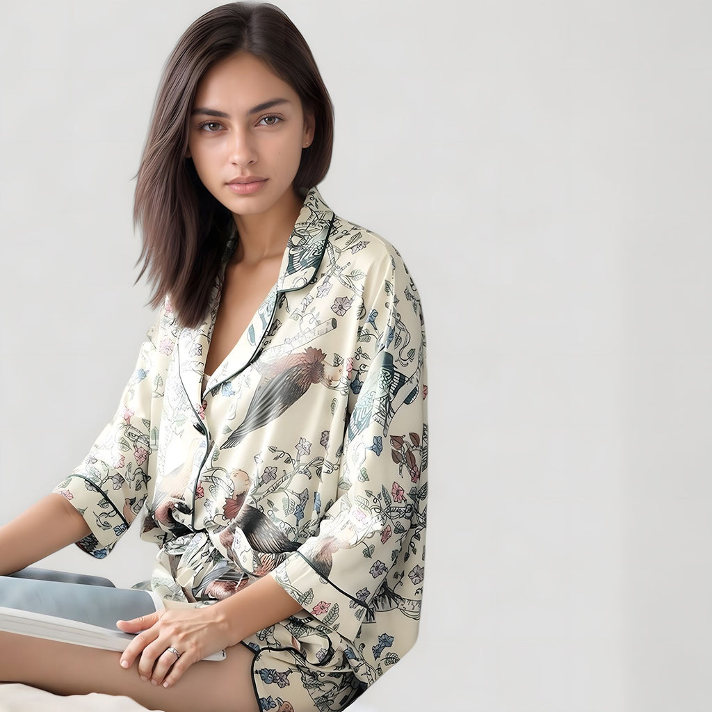 Anna-Kaci Lounge Women's Bird Print Pajama Set with Button Front Top and Contrast Trim Details