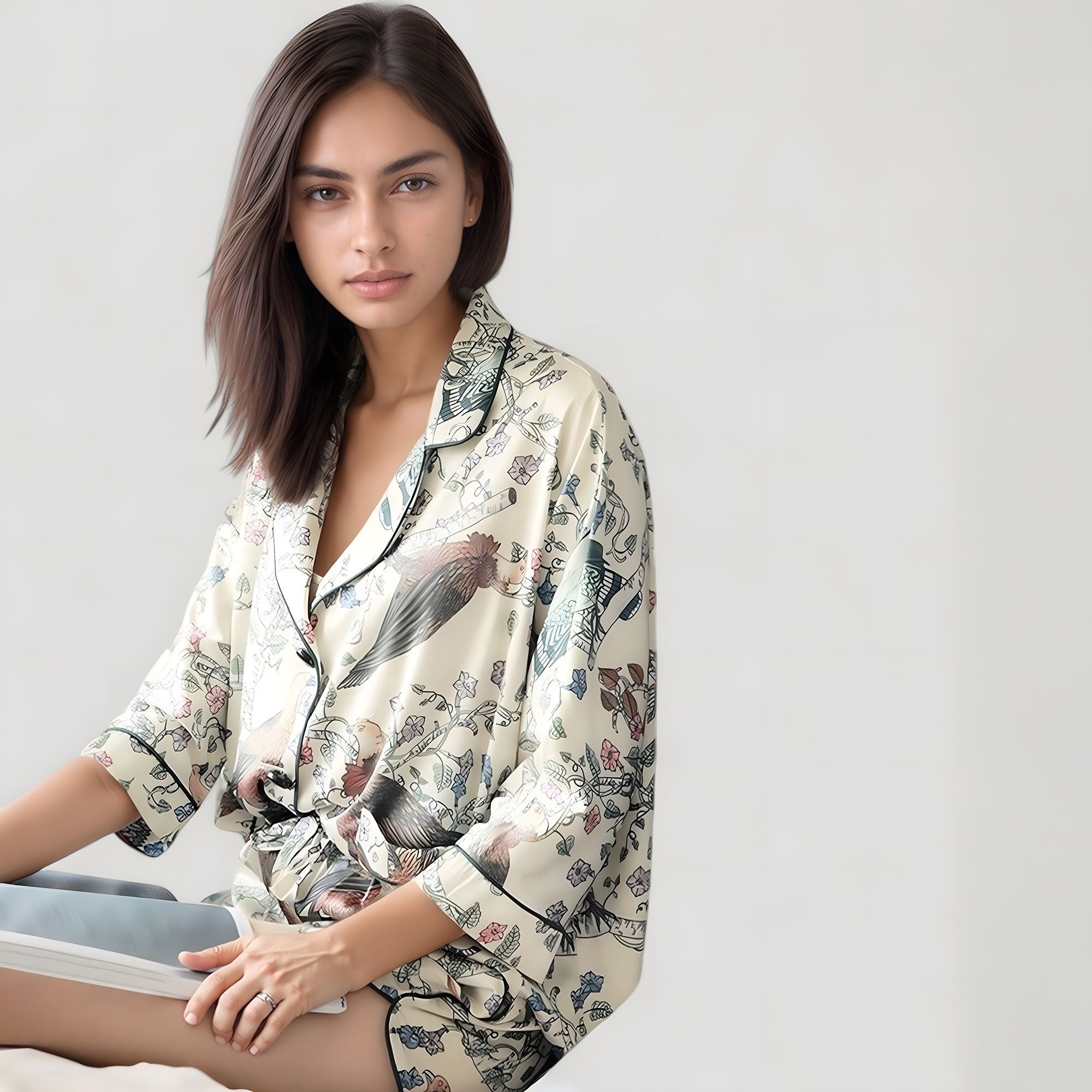 Anna-Kaci Lounge Women's Bird Print Pajama Set with Button Front Top and Contrast Trim Details