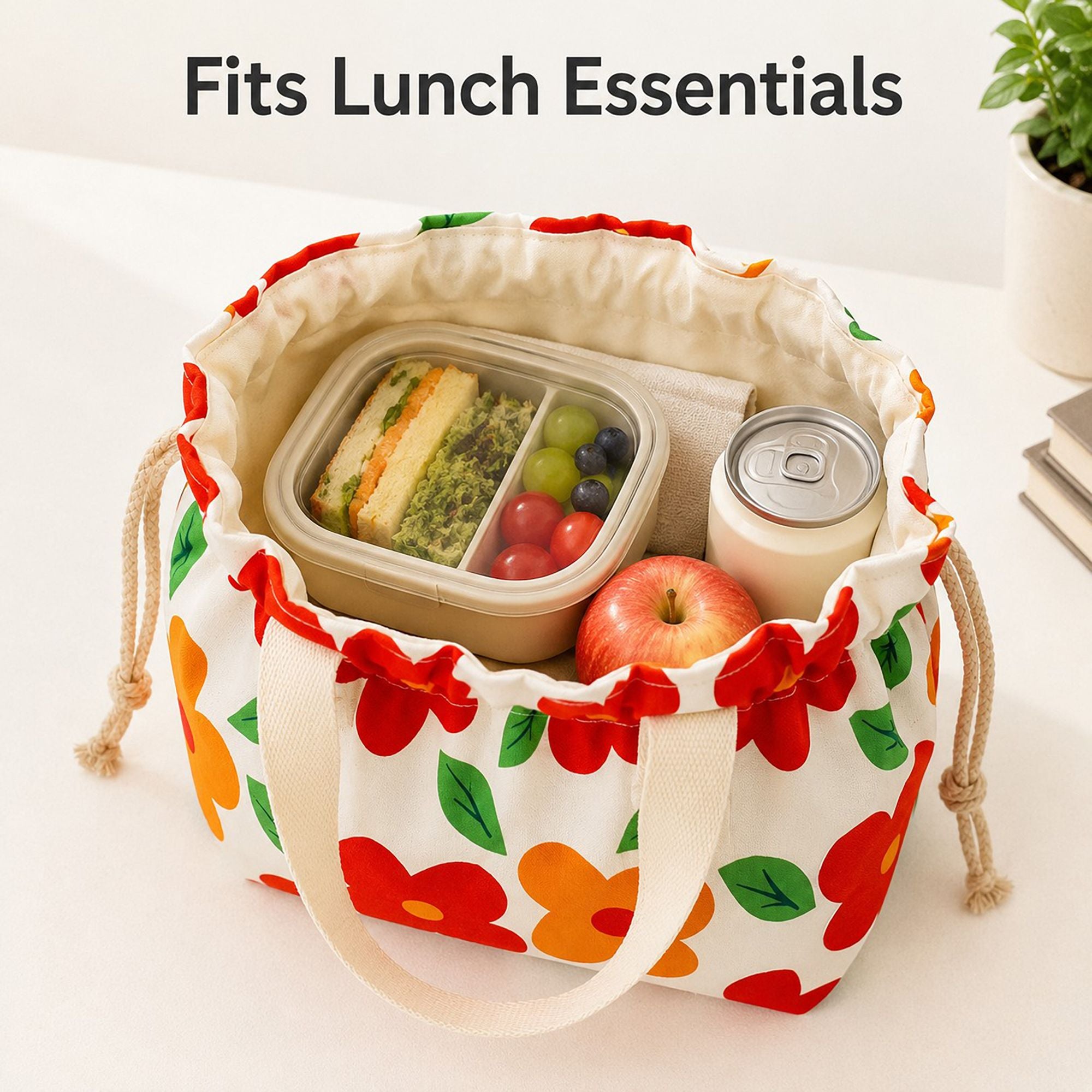 Printed Drawstring Lunch Tote with Top Handles