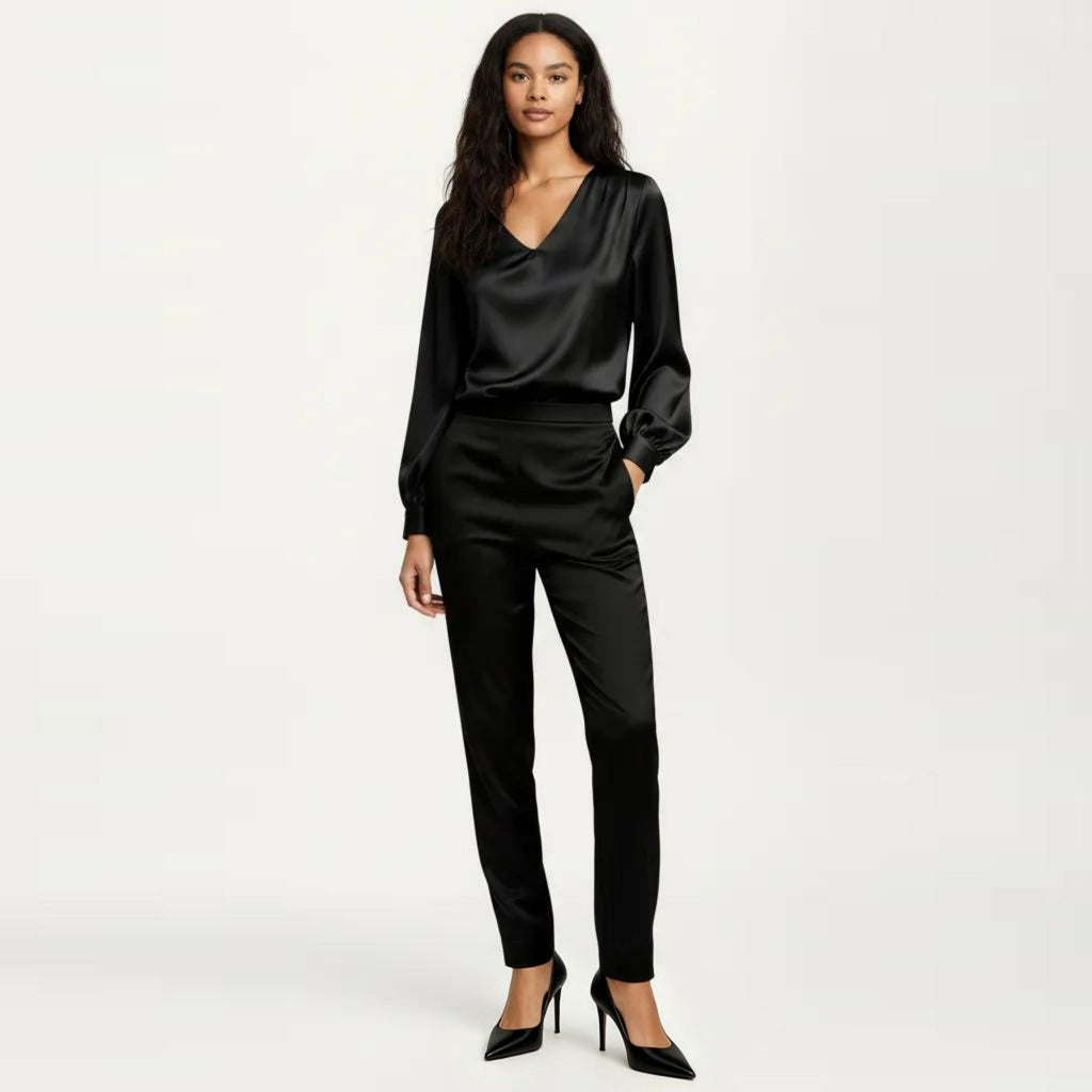Anna-Kaci Women's Satin V-Neck Blouse with Long Balloon Sleeves and Wide Cuffs