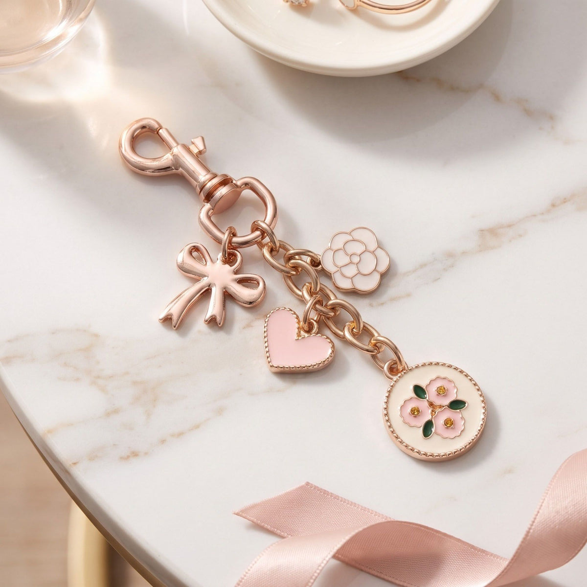 Floral Heart Bag Charm Keychain with Bow and Flower Pendants
