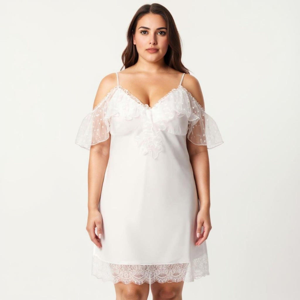 Anna-Kaci Lounge Women's Plus Size Chiffon Chemise Ruffle Sleeve Lace Trim Nightgown Adjustable Strap Sleep Dress