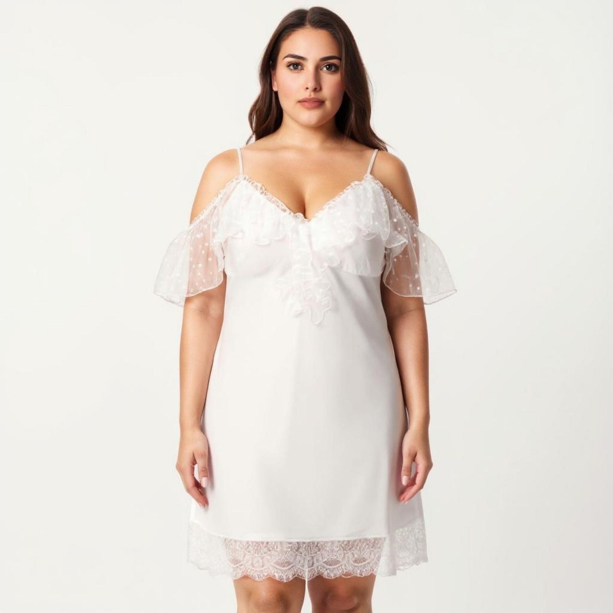 Anna-Kaci Lounge Women's Plus Size Chiffon Chemise Ruffle Sleeve Lace Trim Nightgown Adjustable Strap Sleep Dress