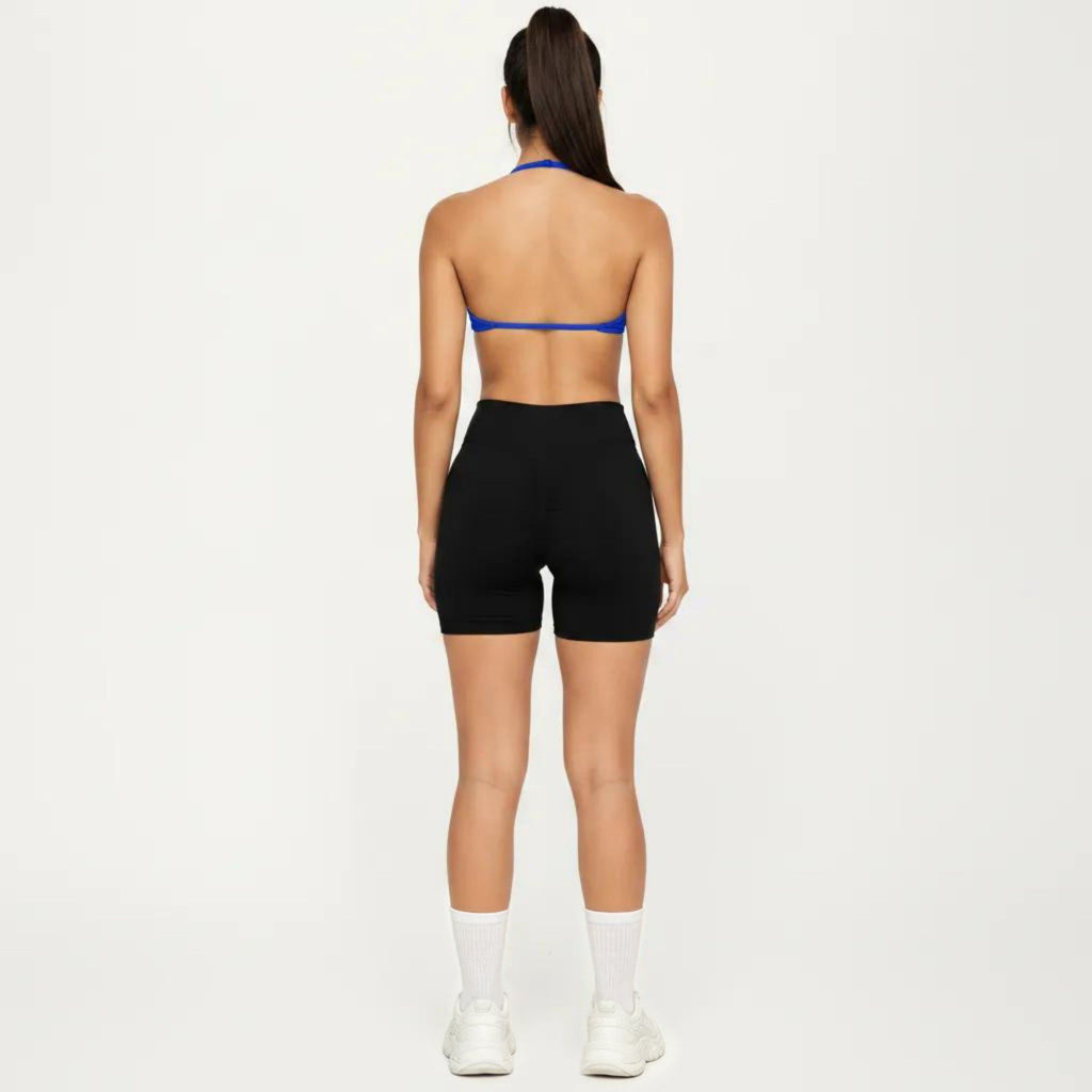 Anna-Kaci Active Women's Halter Sports Bra with Ruched Front Detail and Open Back Design