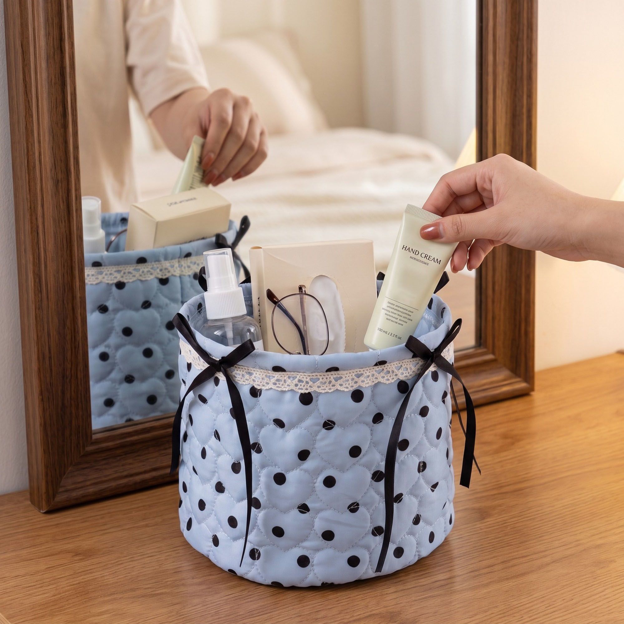 Quilted Heart Polka Dot Storage Bin with Lace Trim & Ribbon Bows