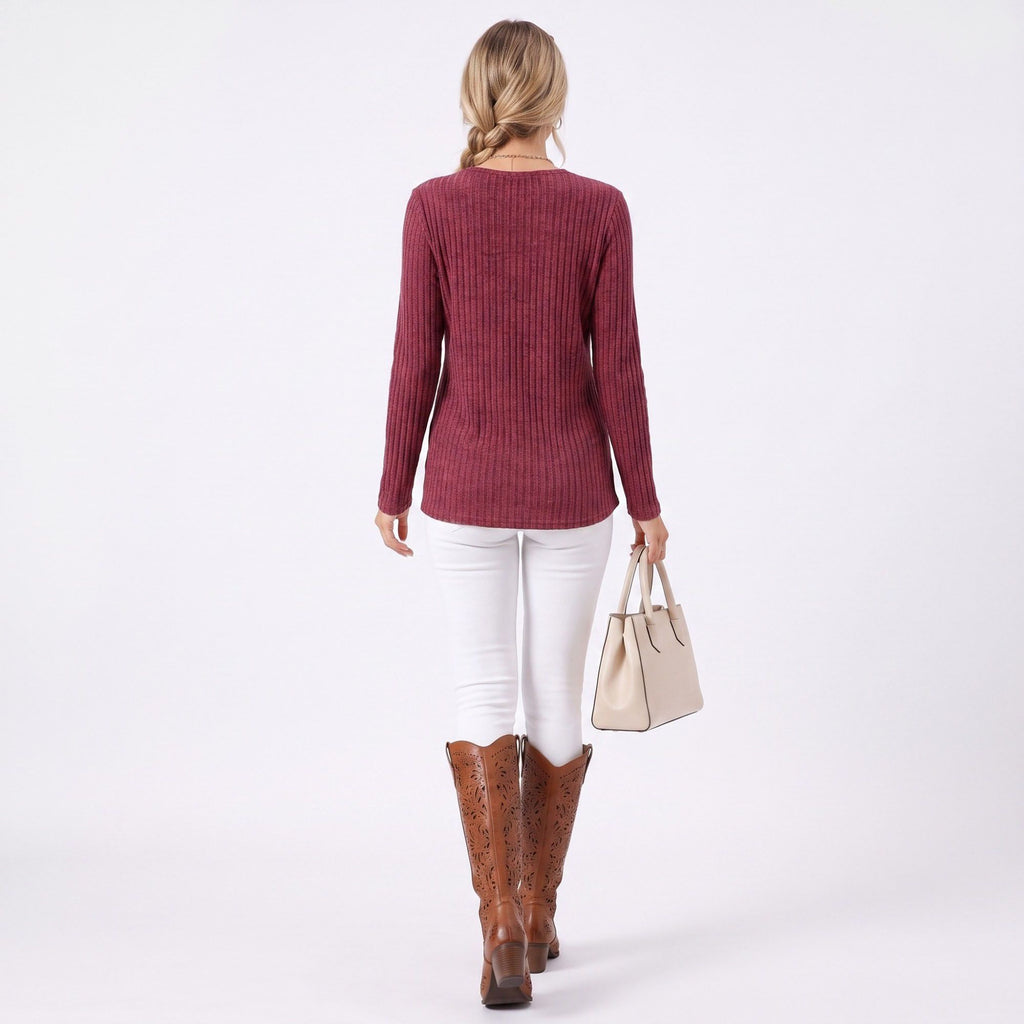 Ribbed Crew Neck Side Slit Long Sleeve Tunic Top