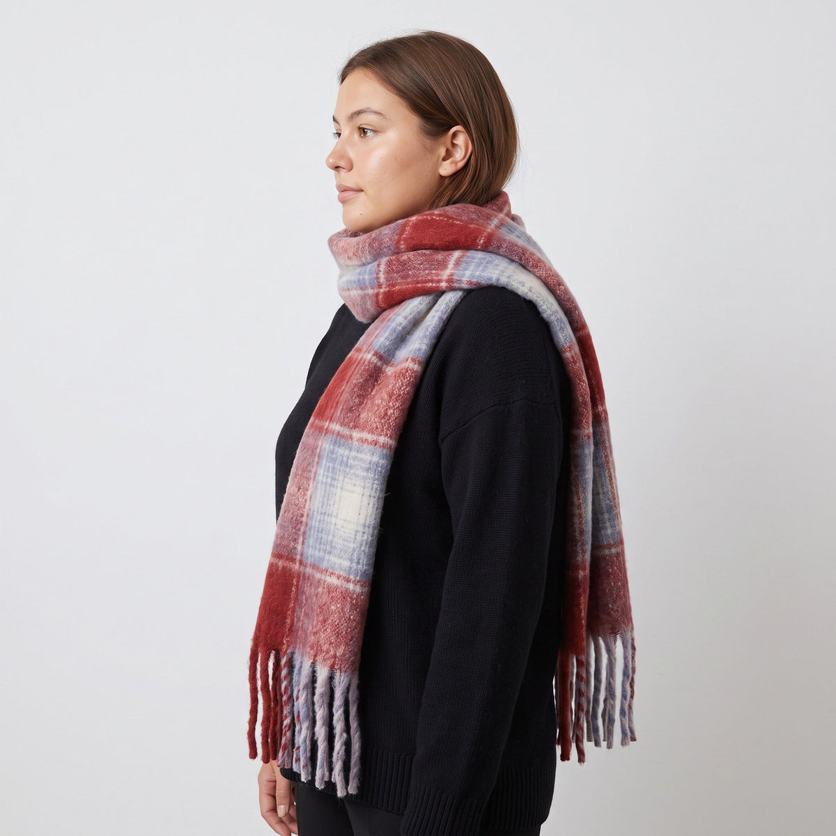 Oversized Plaid Scarf with Fringe Soft Brushed Winter Wrap