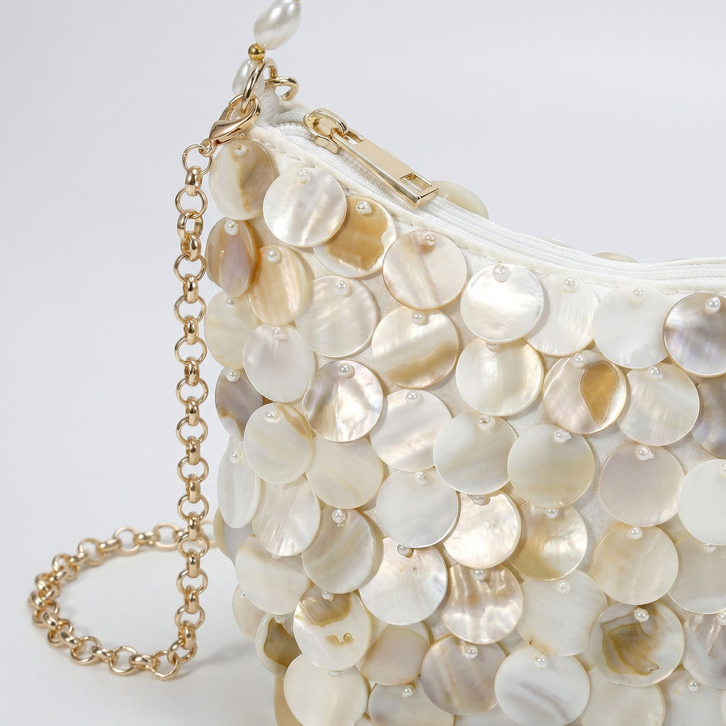 Paillette Crossbody Bag with Chain Strap Top Zip Closure Textured Disc Details