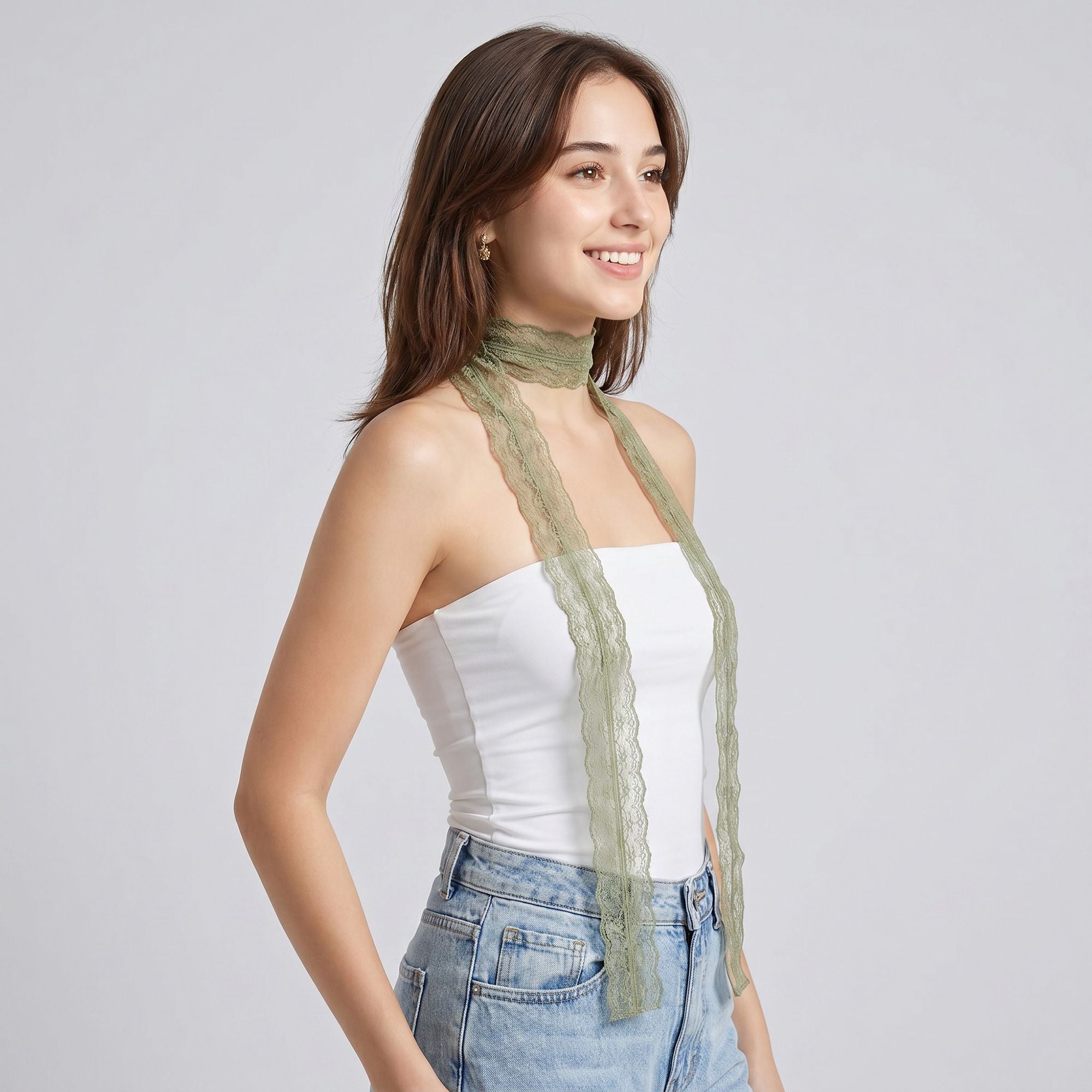 Sheer Lace Skinny Scarf with Scalloped Edges and Long Narrow Neck Tie Design