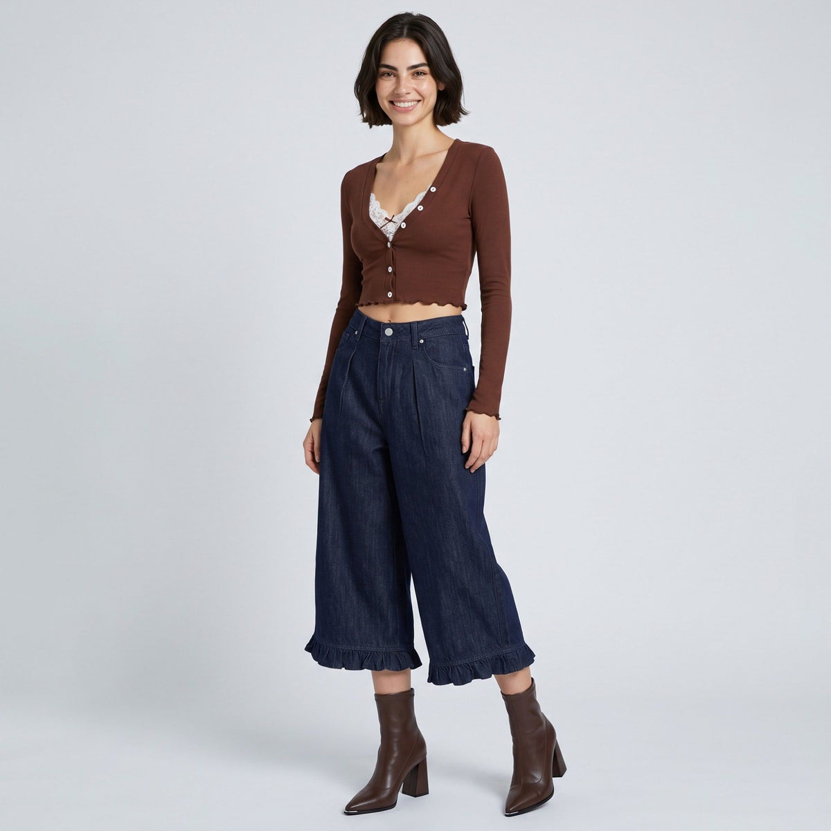 High-Waisted Dark Wash Ruffle Hem Cropped Wide-Leg Denim Trousers