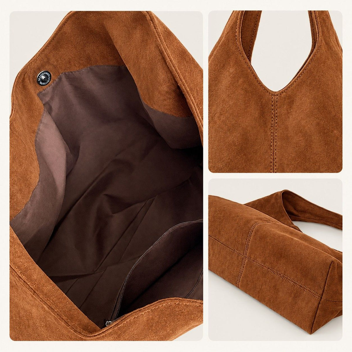 Large Faux Suede Hobo Shoulder Bag with Magnetic Closure and Interior Zip Pocket