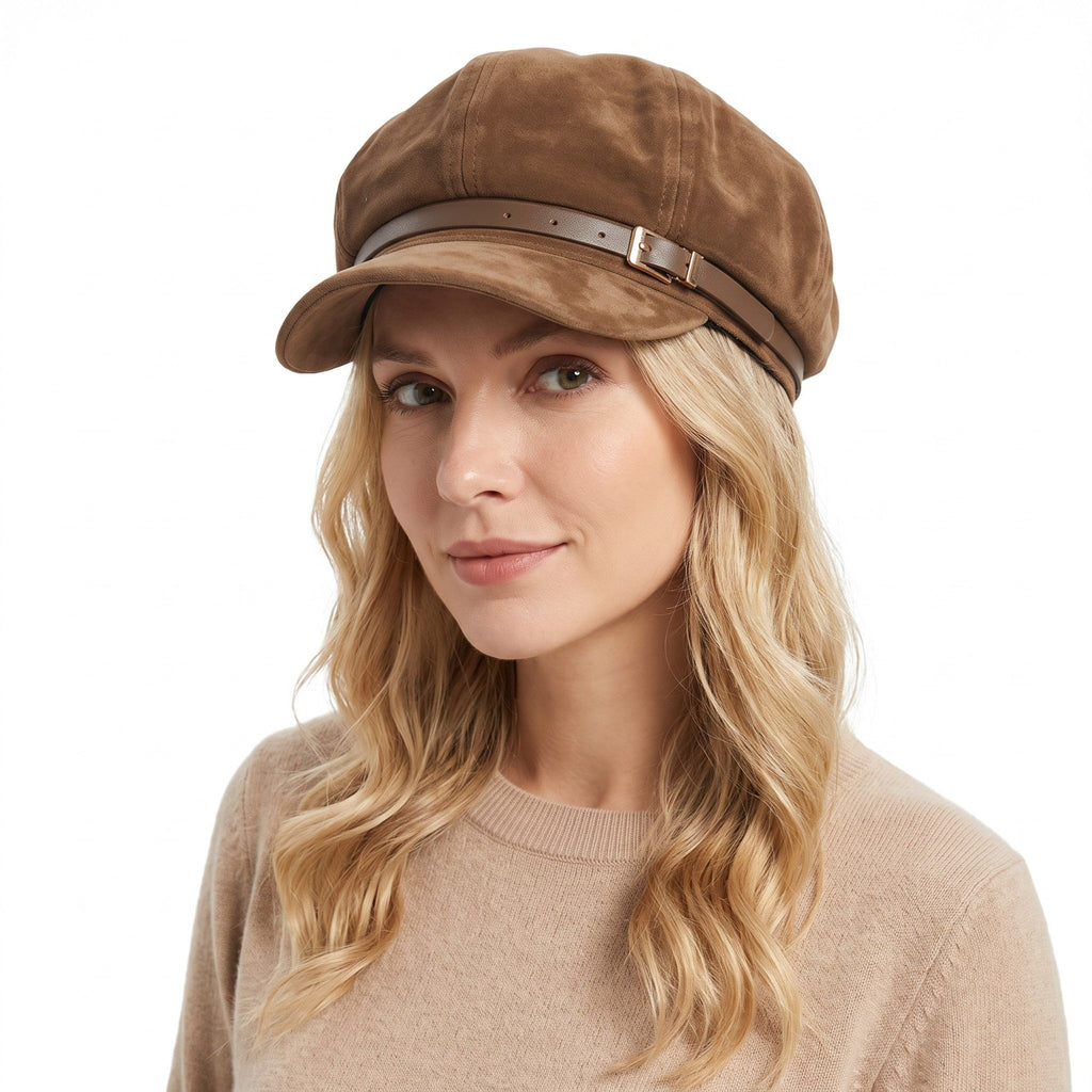 Faux Suede Newsboy Cap Vintage Baker Boy Hat with Buckle Band