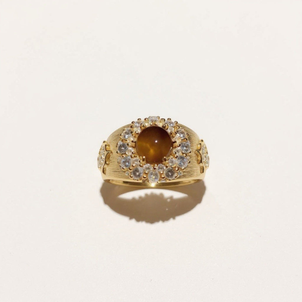 Anna-Kaci Women's Oval Gemstone Statement Ring with Crystal Halo and Textured Band